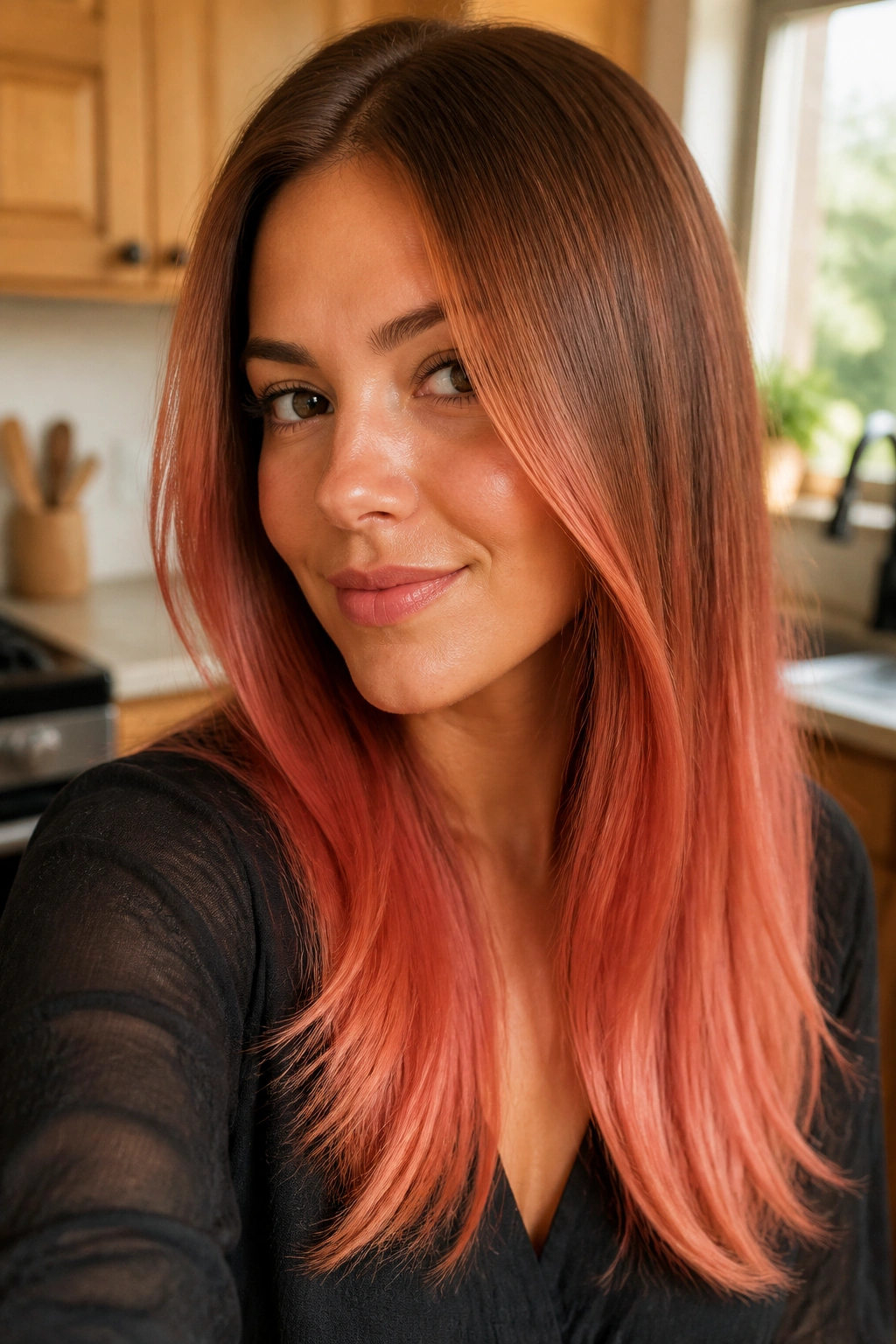 Close-up of a real woman with cinnamon to strawberry melt gradient in hair
