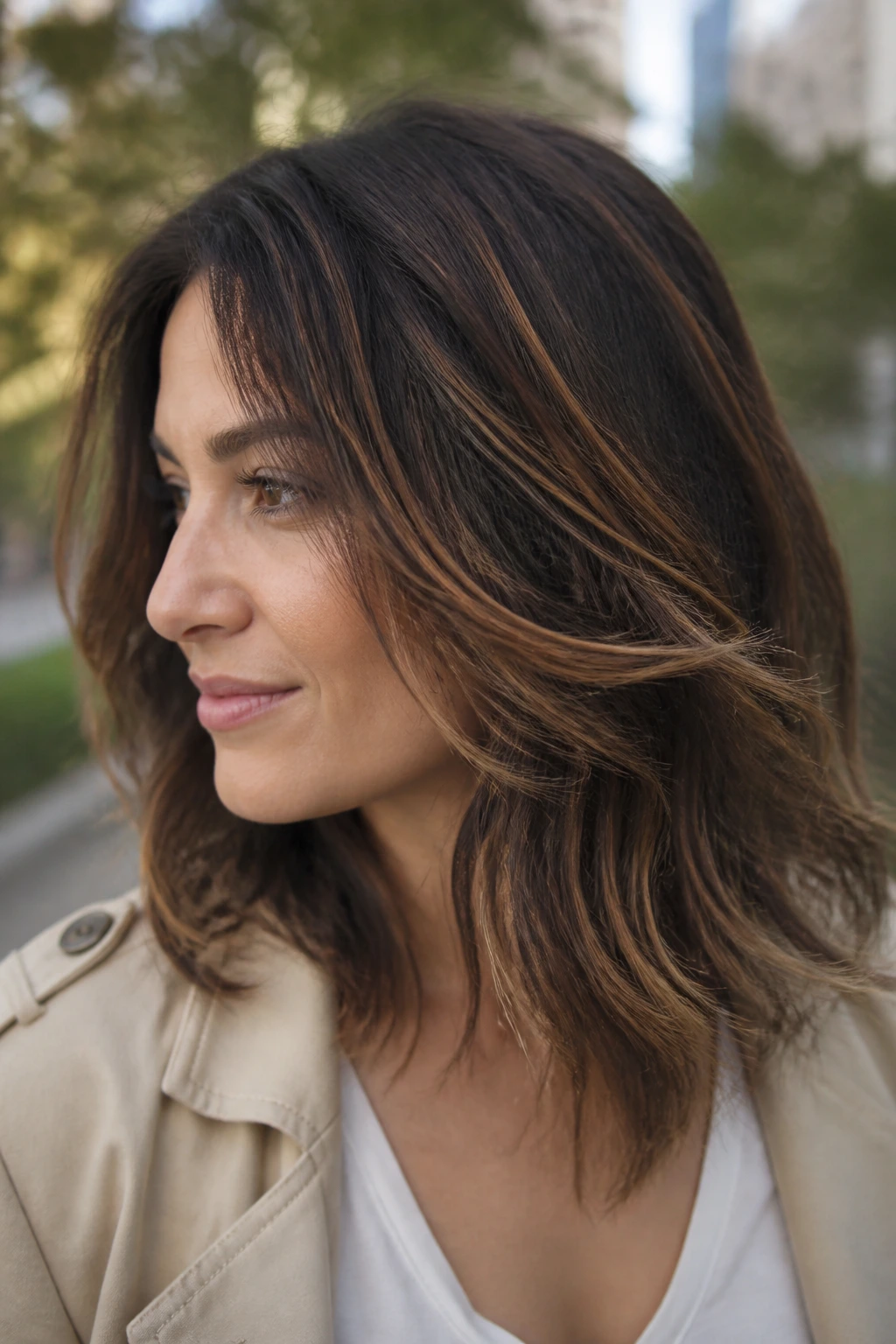 Real woman with brunette hair and cinnamon streaks in layered cut