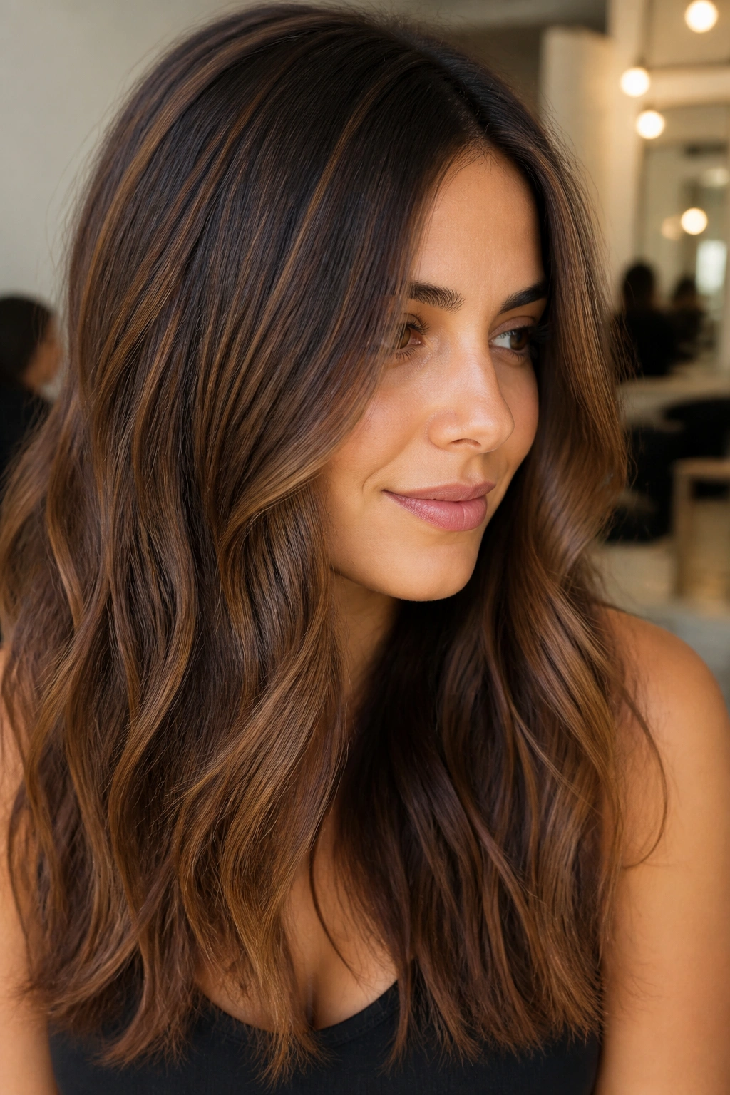 Close-up of a real brunette woman with cinnamon sugar babylights in waves