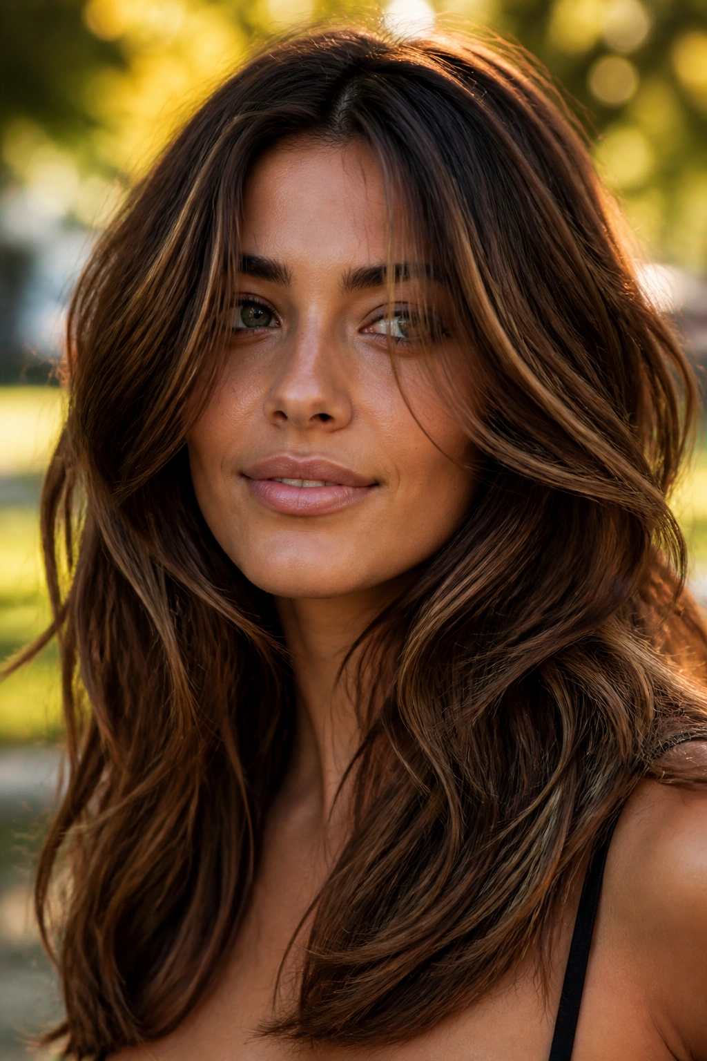 Chestnut hair with cinnamon swirl ribbons under golden hour light