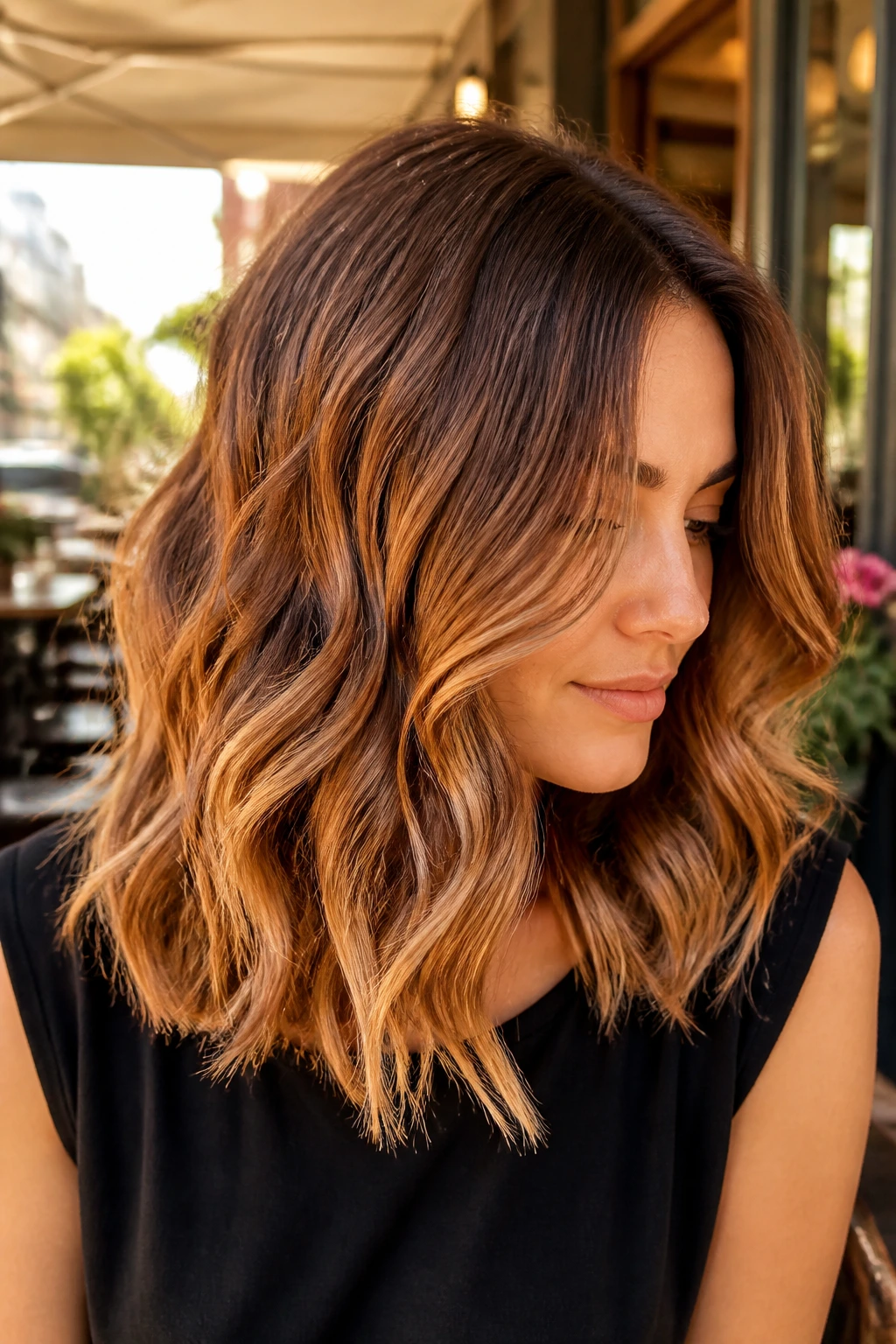 Close-up portrait of a real woman with cinnamon and toffee balayage on wavy medium-length hair