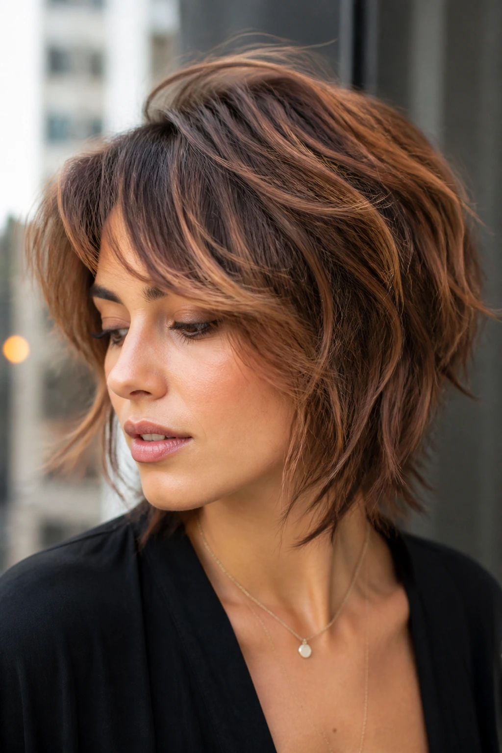 Real person with short shag showing cinnamon veil highlights.