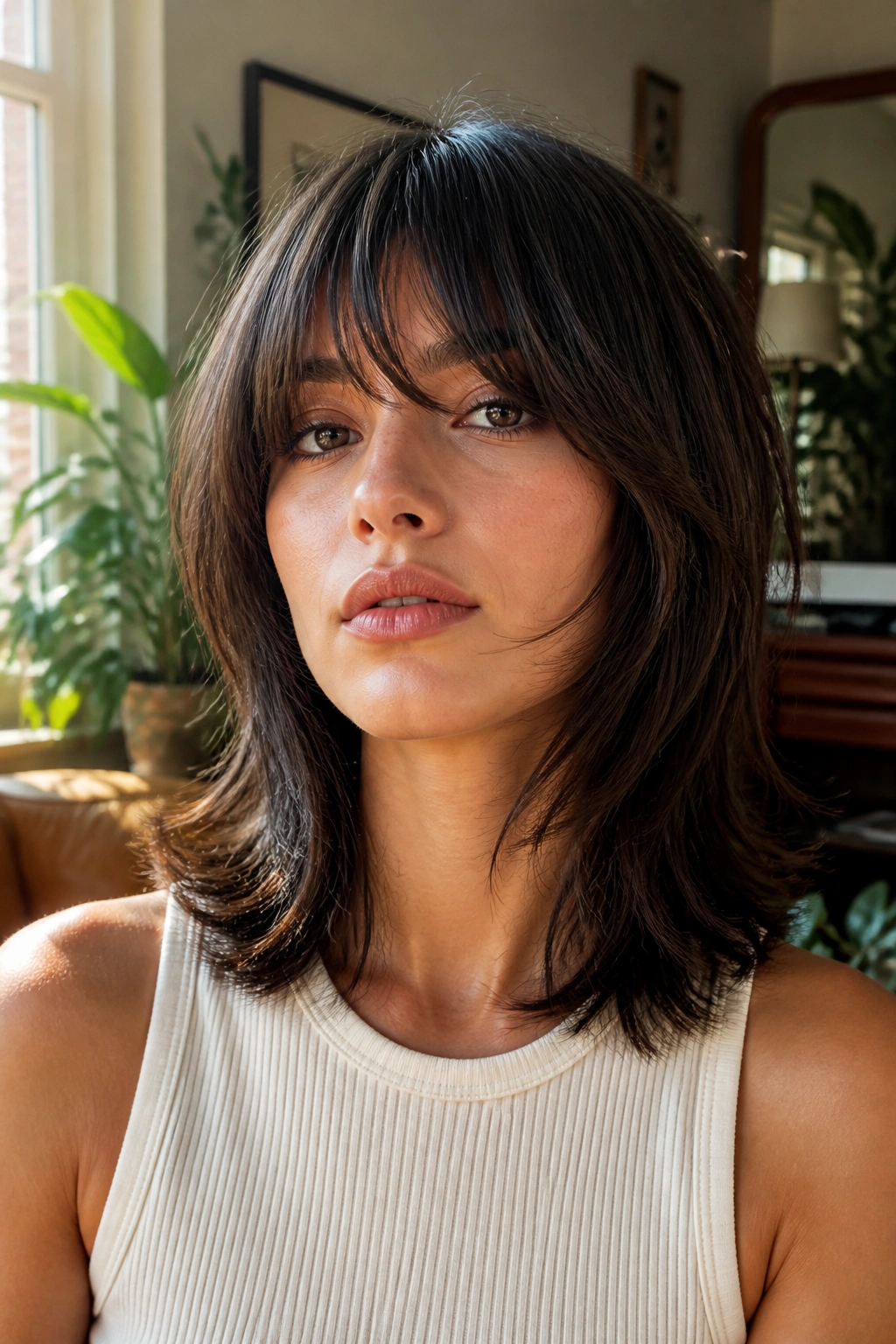 Real woman with classic 70s shag reworked hairstyle portrait
