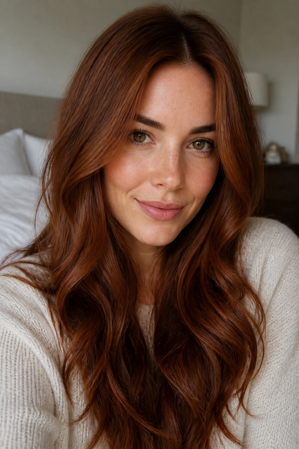 Close-up portrait of a woman with classic auburn hair in soft light