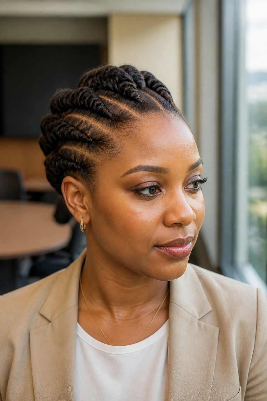 Close-up portrait of a woman with barrel-roll locs in an office setting