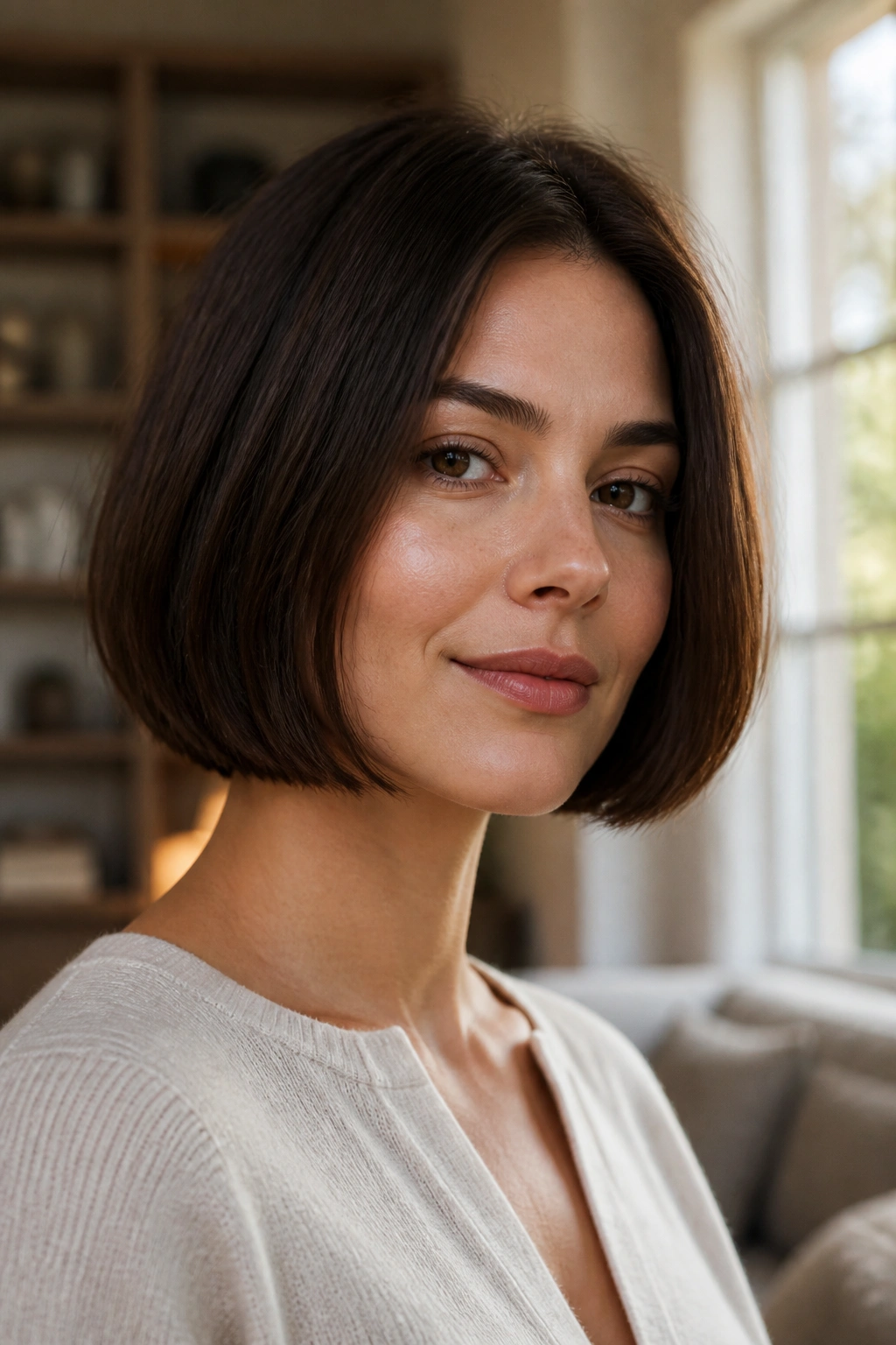 Close-up of a real woman with a classic chin-length chocolate bob