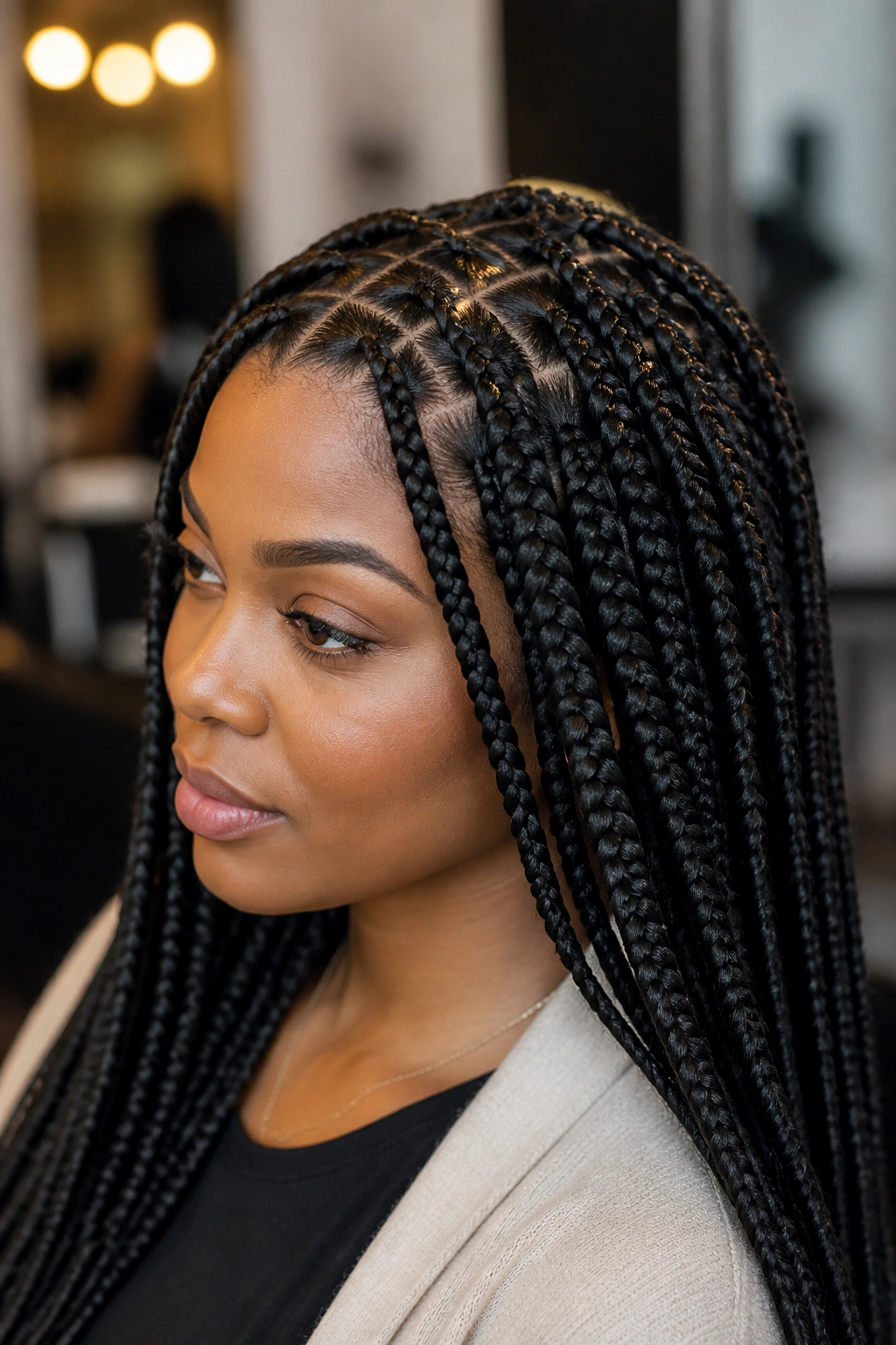 Close-up of a real woman with classic box braids and defined parting.