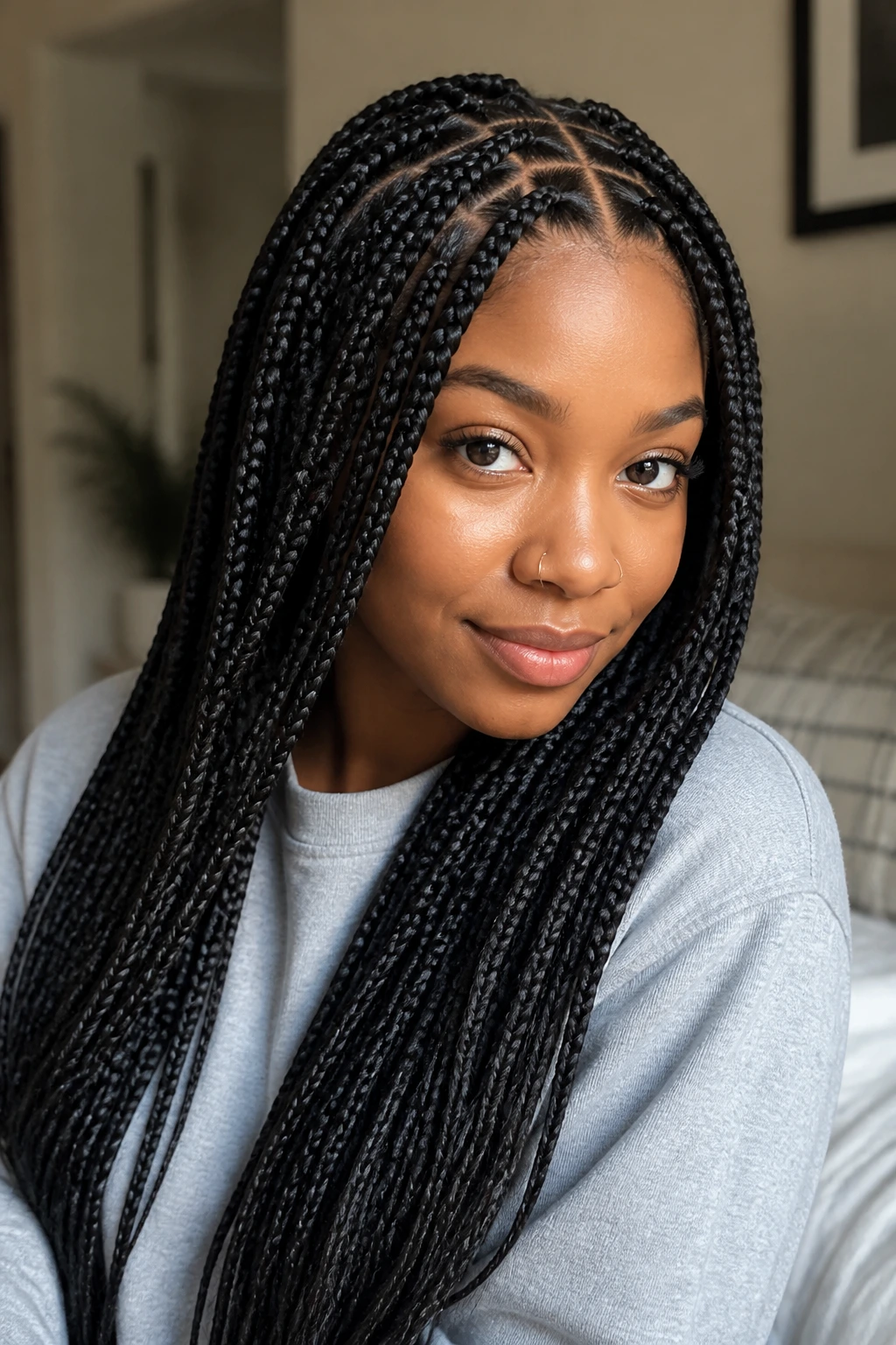 Portrait of a woman with classic box braids in natural light