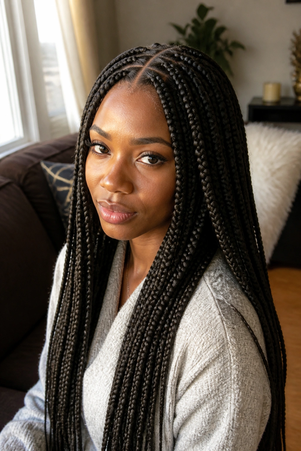 Close-up portrait of a real woman with waist-length Classic Box Braids in square parts
