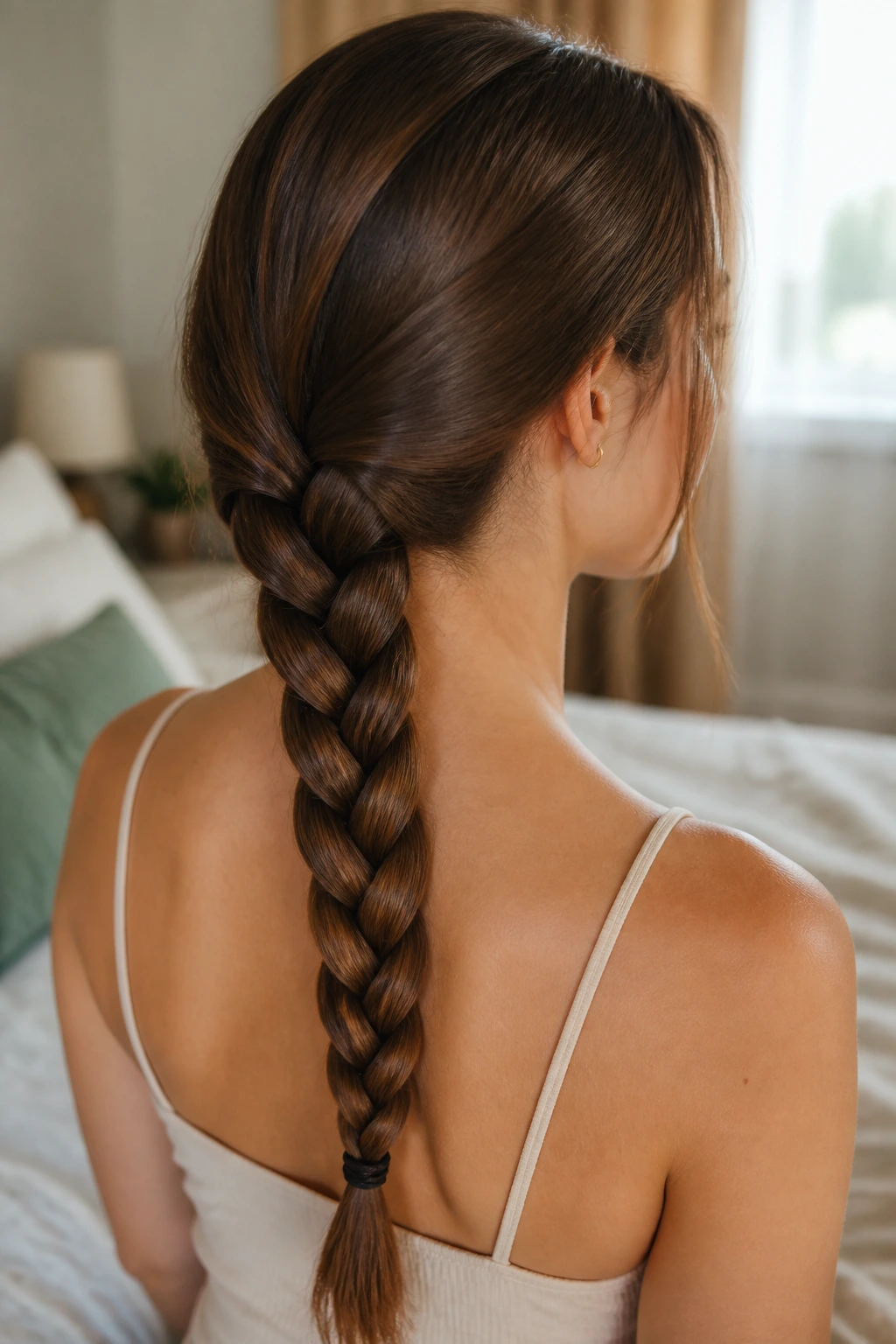 Close-up of a real woman with a Classic Three-Strand Braid along the back of her head in warm window light