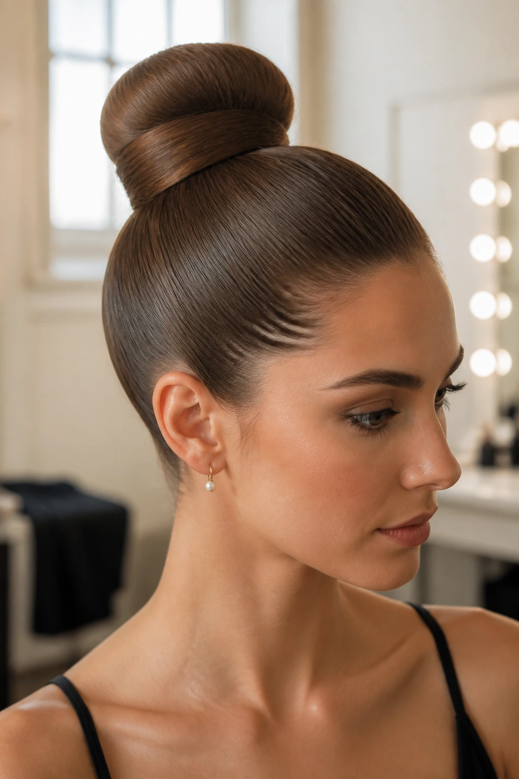 Close-up of a real woman with a flawless high classic ballerina bun