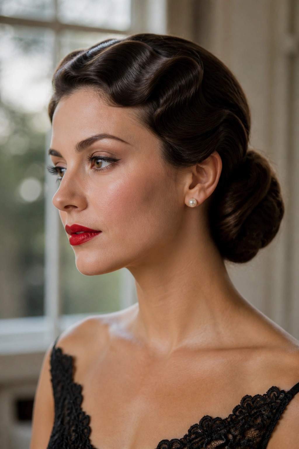 Close-up of a real woman with a classic chignon and finger-waved front in soft interior light