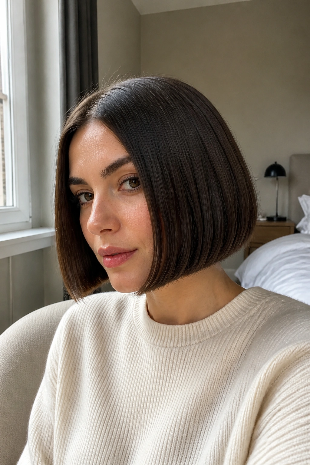 Close-up of a real woman with a chin-length blunt French bob on straight hair, natural window light