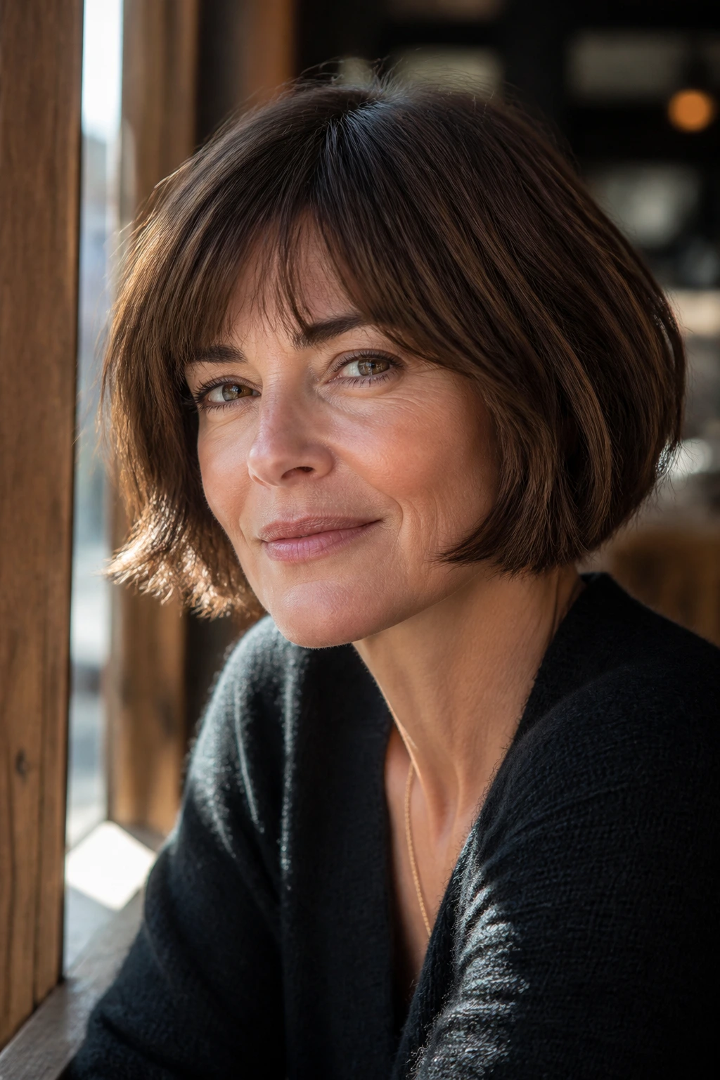 Close-up of a woman with jaw-length textured French bob in warm cafe light