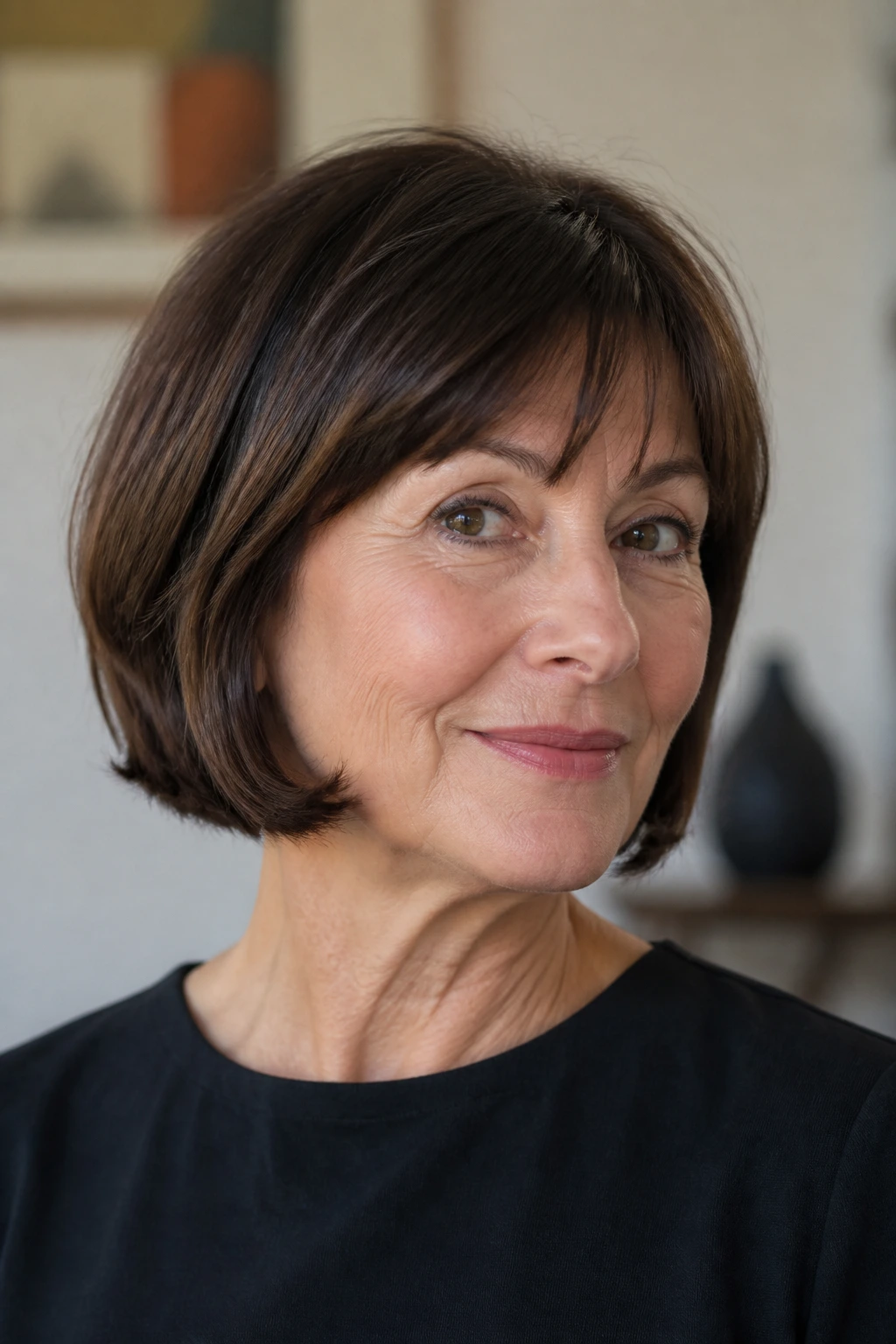 Real woman with classic French bob and subtle underflip.