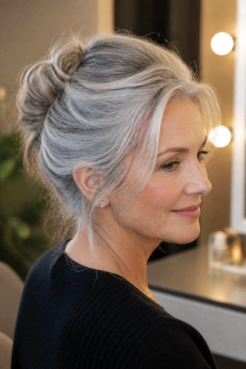Close-up of a real woman wearing a loose French twist