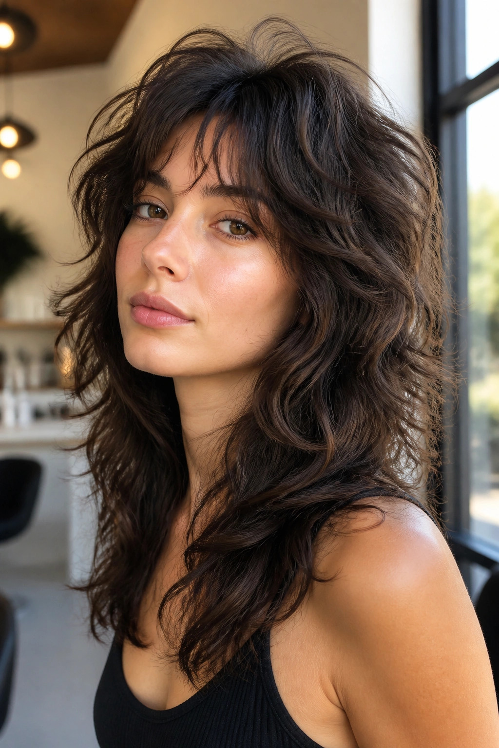 Close-up of a real person with a classic layered wolf cut for thick wavy hair, crown lift and feathered ends.