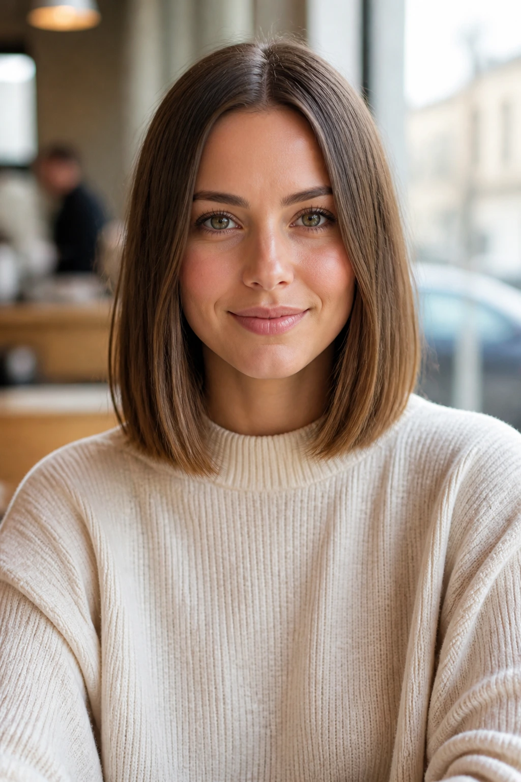 Close-up portrait of a real woman with a classic lob hairstyle in natural light