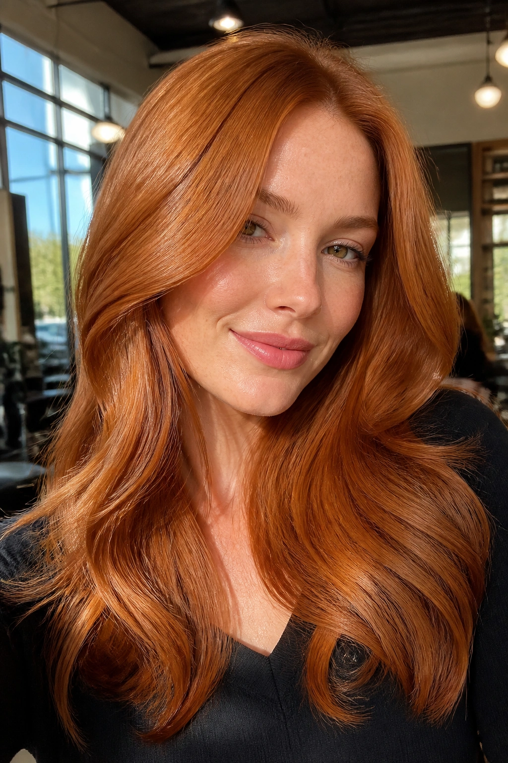 Close-up of a real woman with classic medium copper hair under natural sunlight