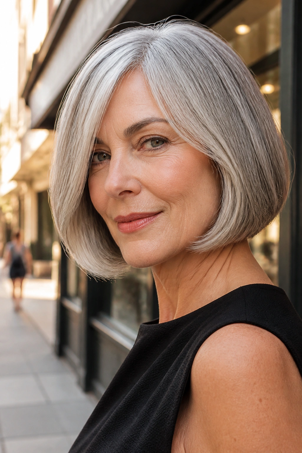 Close-up portrait of a woman wearing a soft modern pageboy with gray hair.