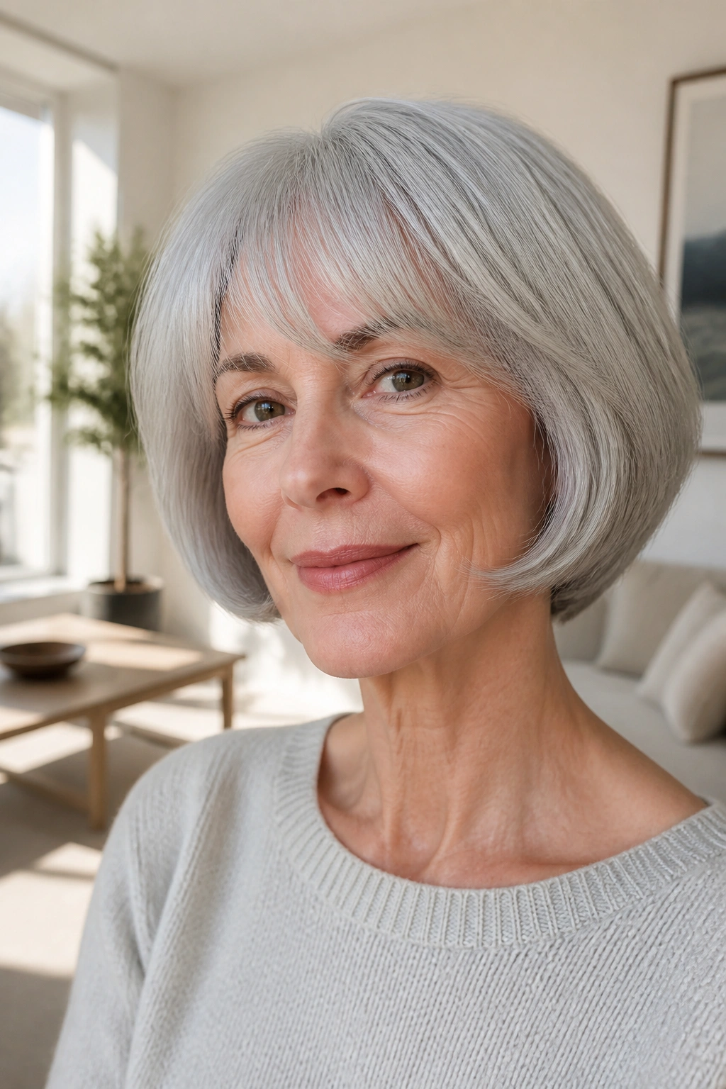 Close-up of gray-haired woman with classic pageboy soft edges.