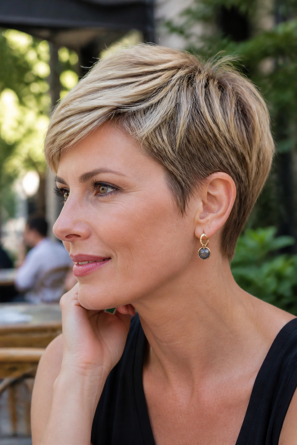 Close-up portrait of a woman with a classic pixie cut in a softly lit outdoor setting.