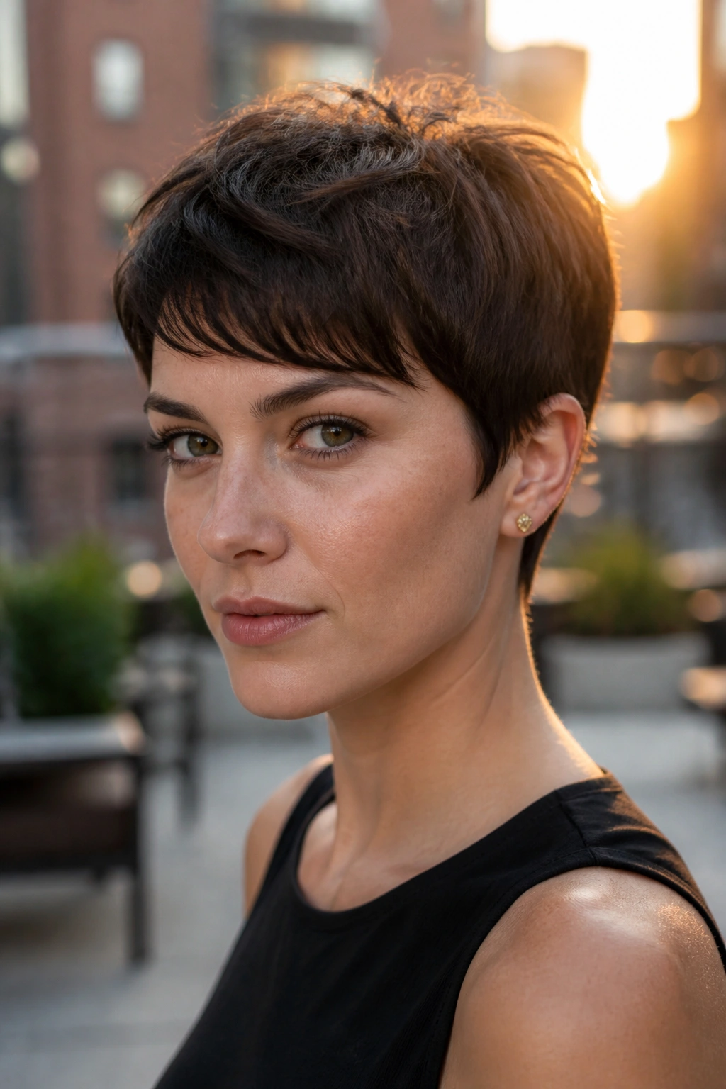 Close-up portrait of a real woman with a classic pixie haircut outdoors