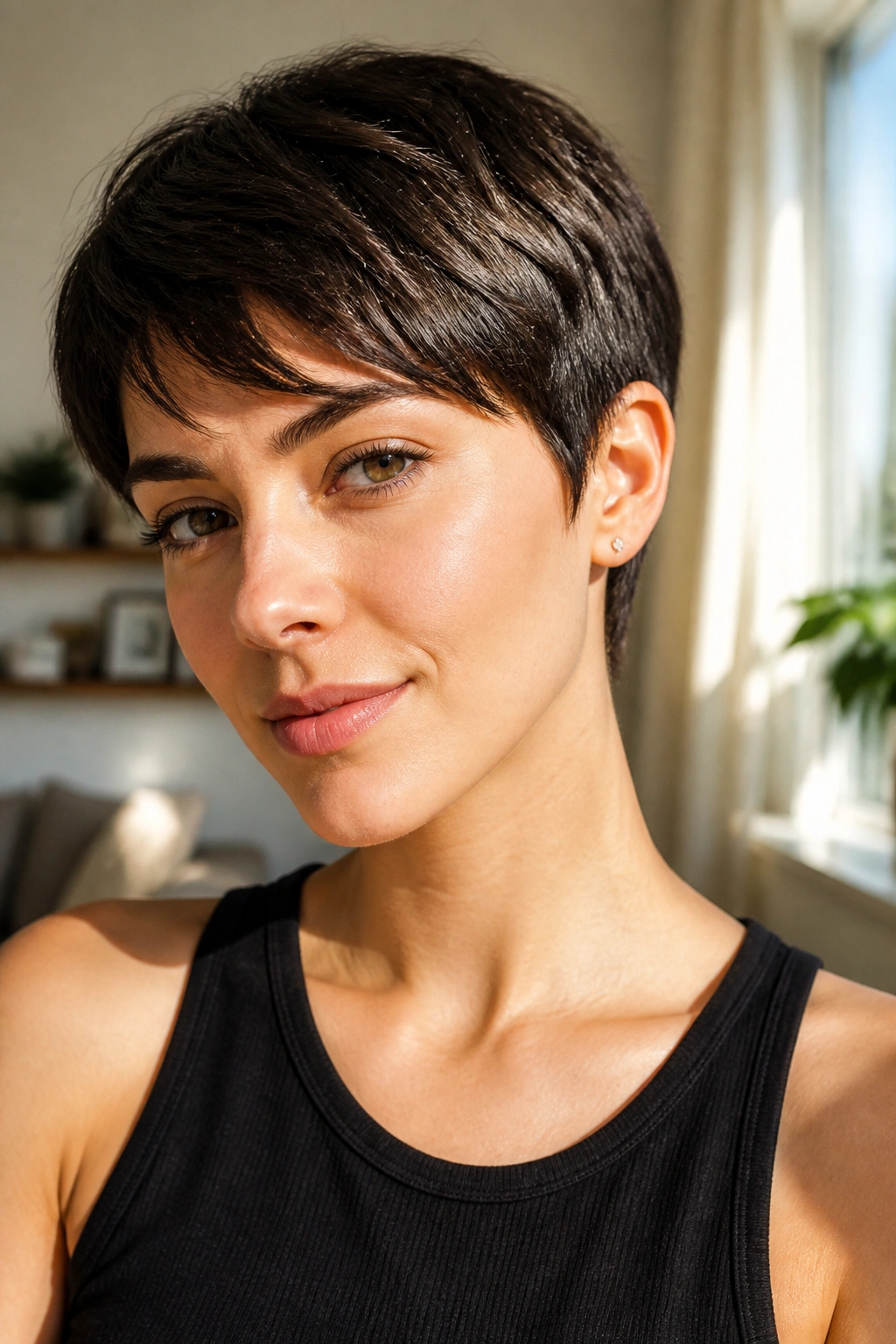 Close-up portrait of a woman with a classic pixie cut for straight hair