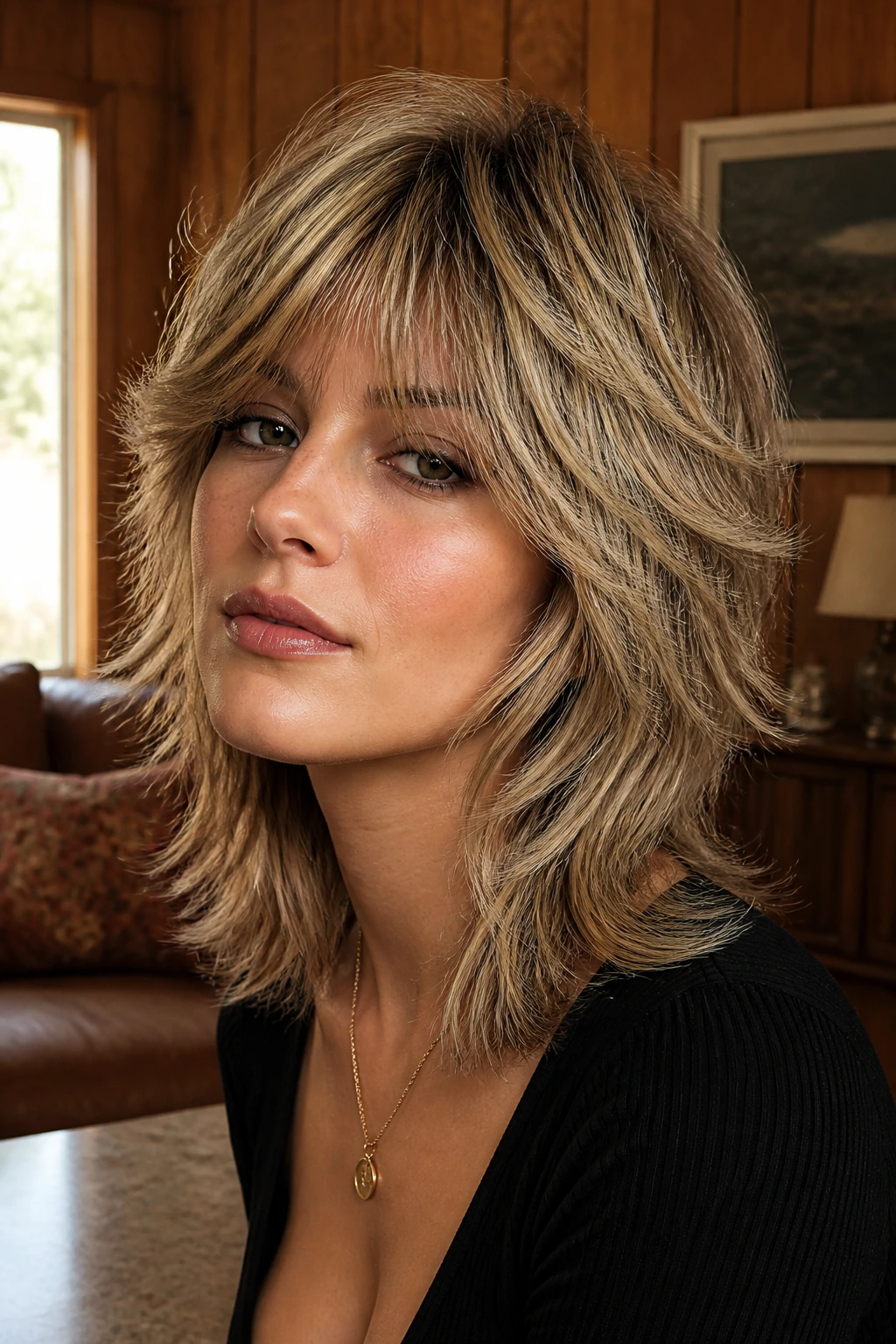 Portrait of a woman with Classic 1970s-Inspired Shag hairstyle, heavy fringe and layered crown