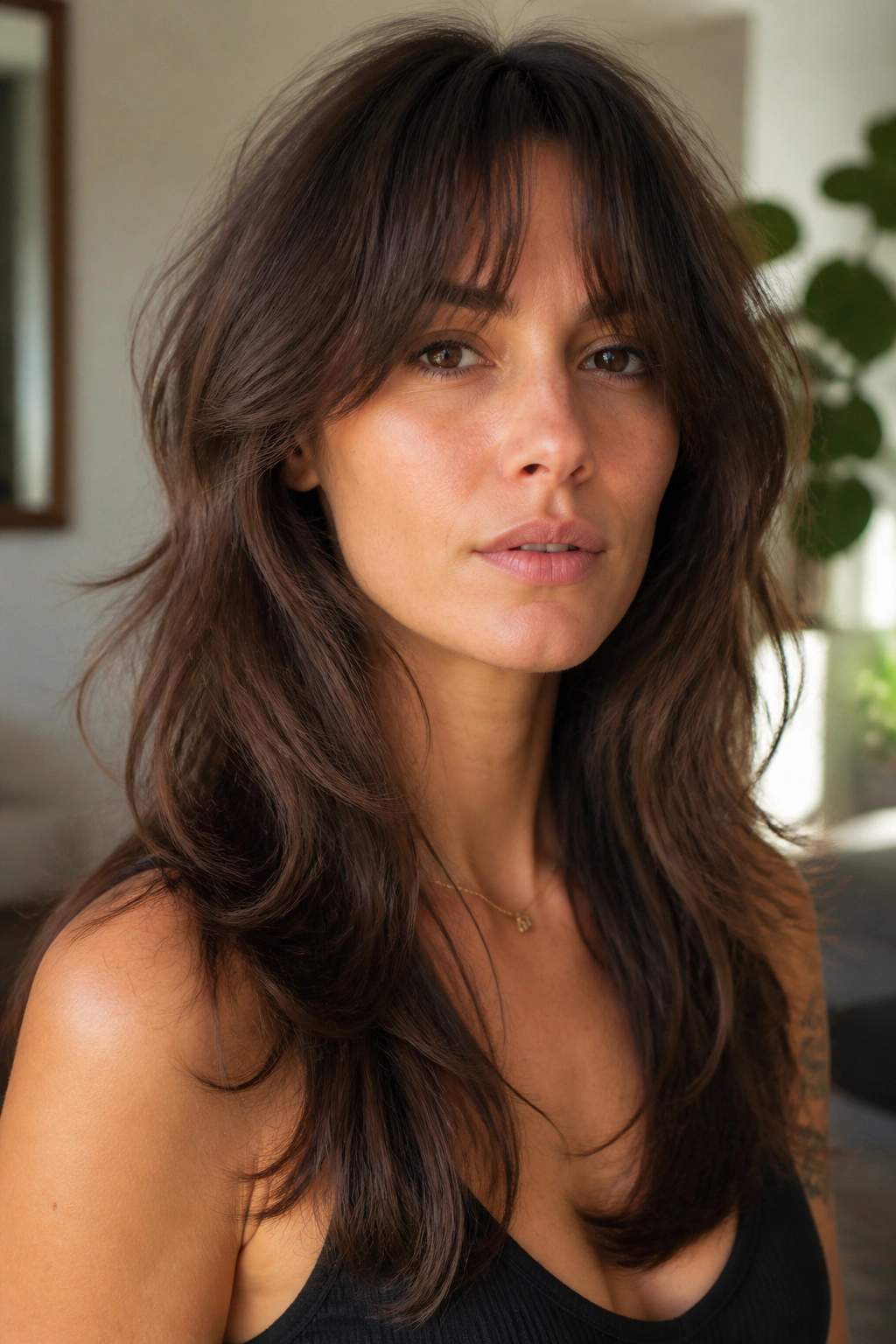 Classic long shag with curtain bangs on a real woman, close-up portrait.