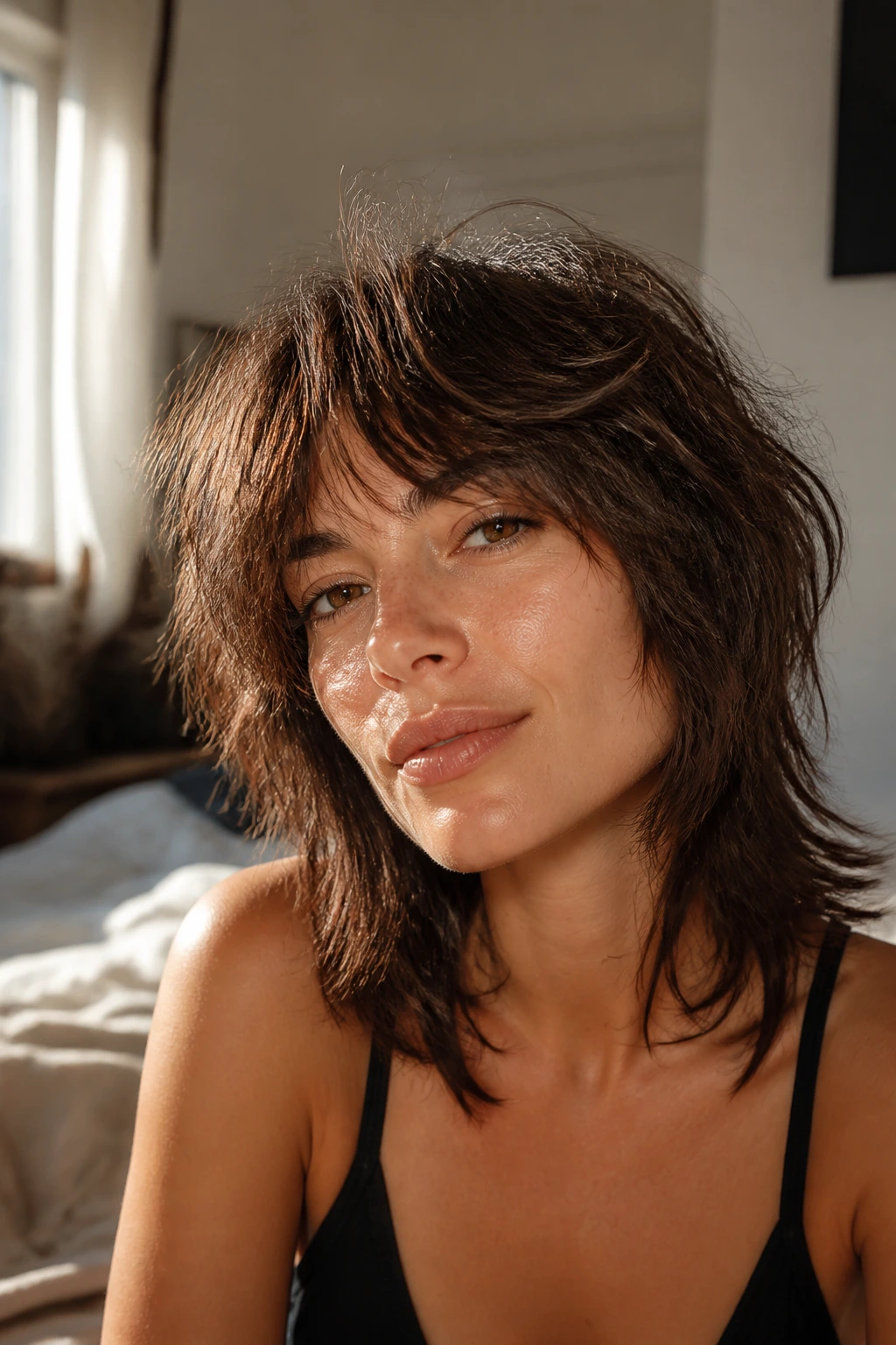 Close-up portrait of a woman with The Classic Shag hairstyle featuring layered, voluminous layers