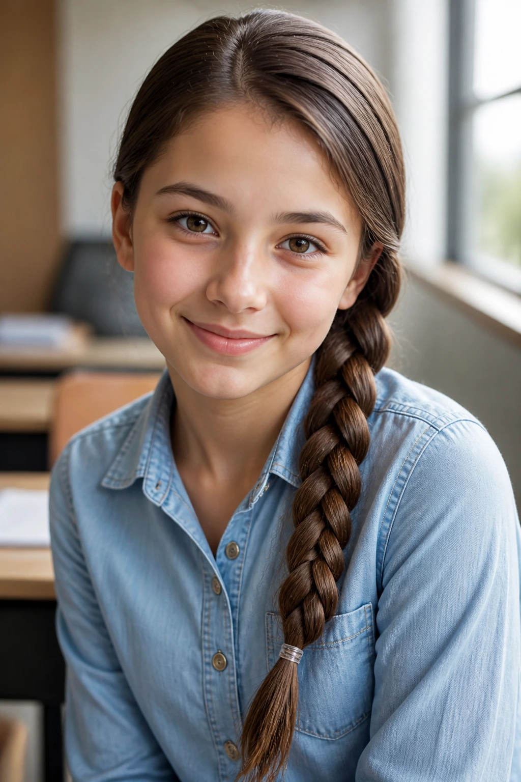 Close-up of a real girl with a classic side braid under soft classroom light