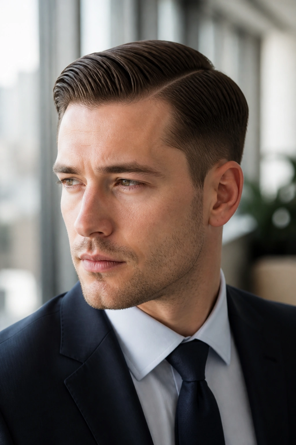 Close-up of a man with a classic side-part and tapered sides.