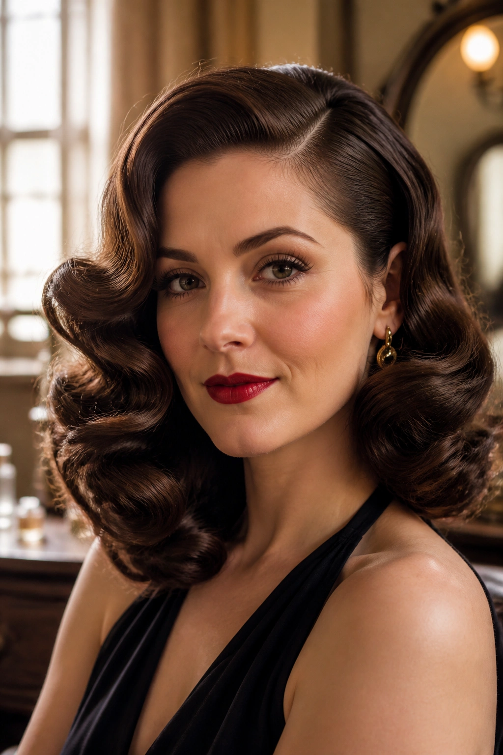 Close-up portrait of a real woman with classic side-part pin curls and glossy brush-out