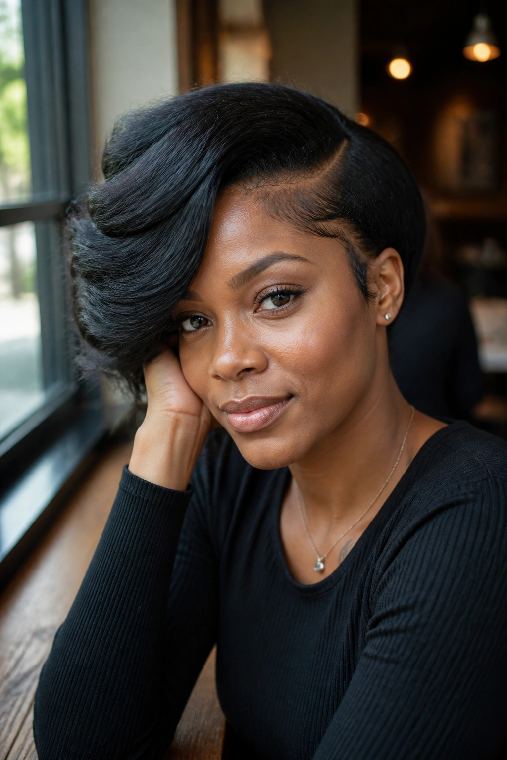Close-up of a real woman with a classic side swoop framing her face