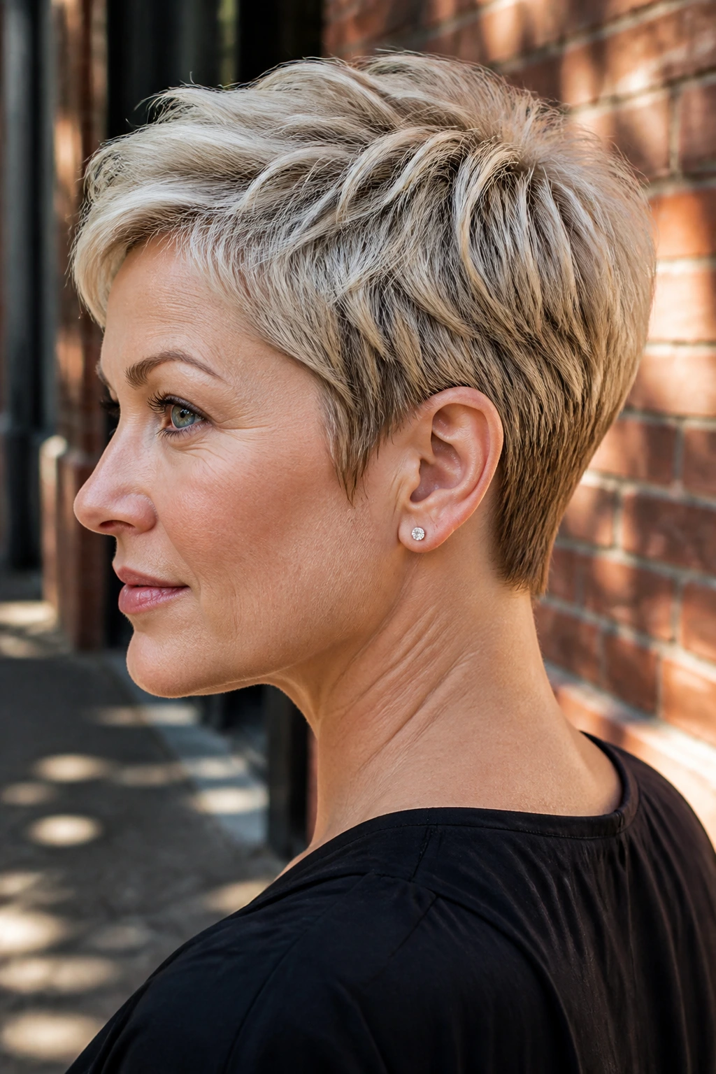 Portrait of a real woman with Classic Tapered Pixie With Ear Tuck and Nape Detail showing tidy nape and ear tuck