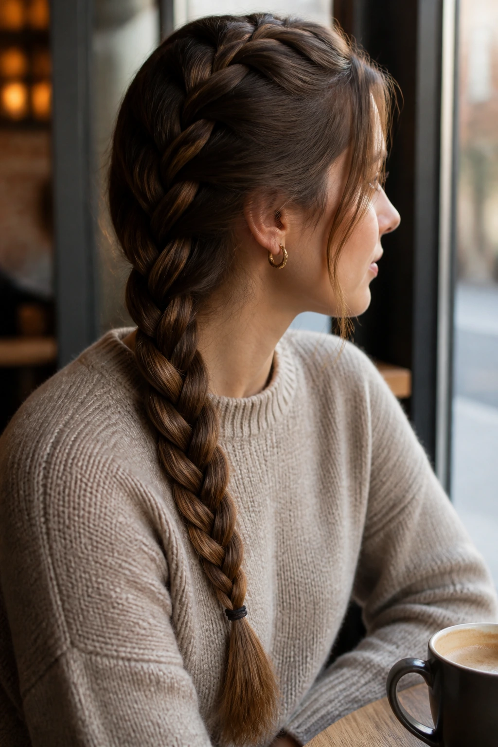 Close-up of a classic three-strand braid along the shoulder