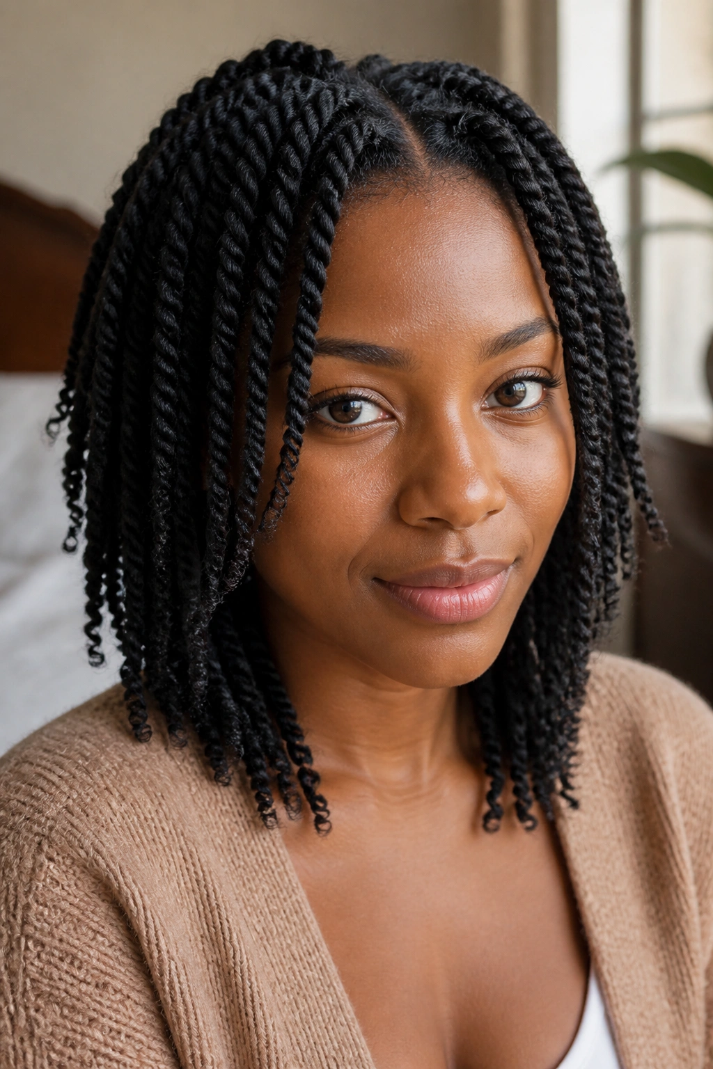 Close-up of a real woman with classic two-strand twists under soft window light
