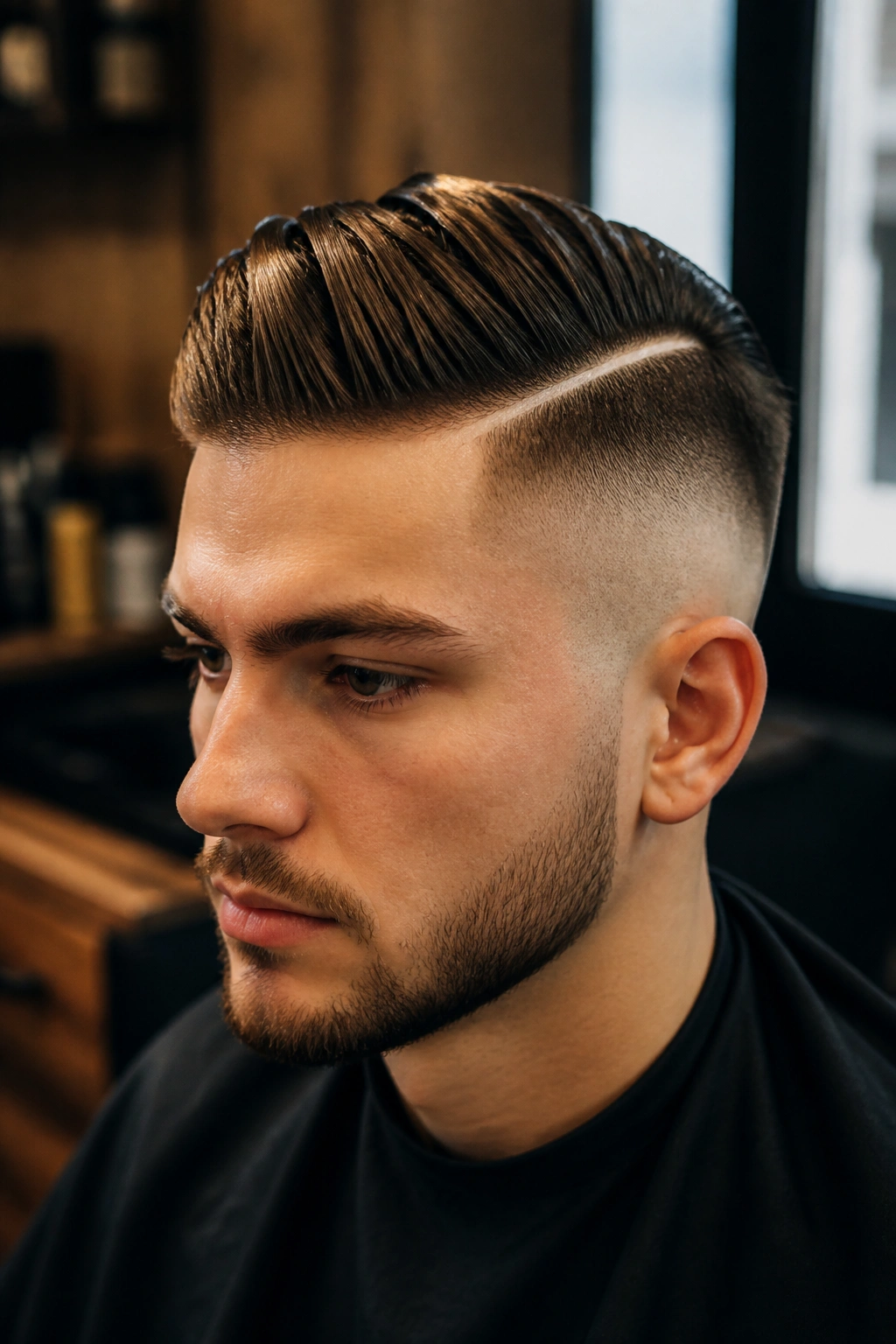 Close-up portrait of a man with a classic undercut showing crisp side fade and longer top