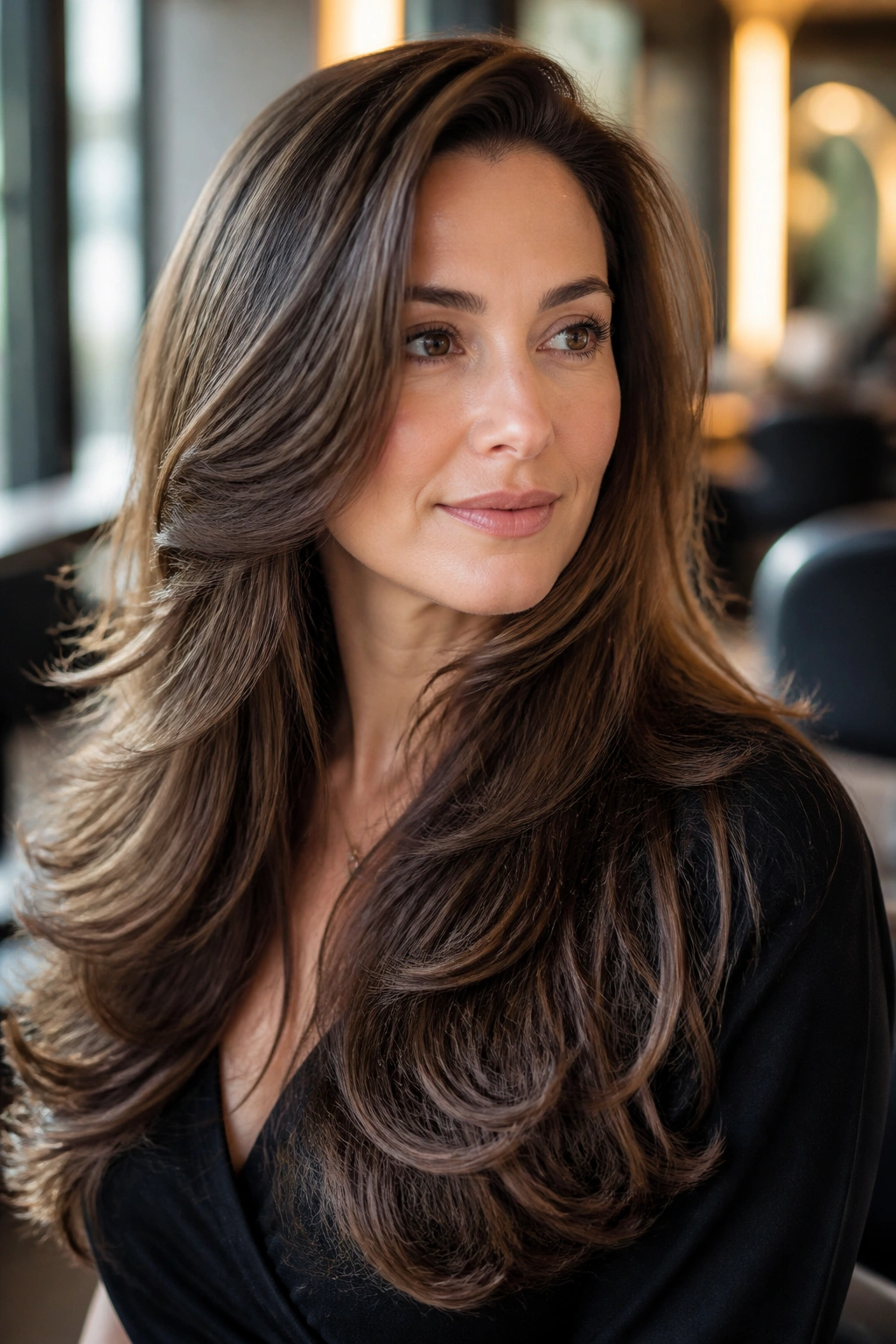 Close-up portrait of a woman with a glossy, voluminous blowout showing movement and length