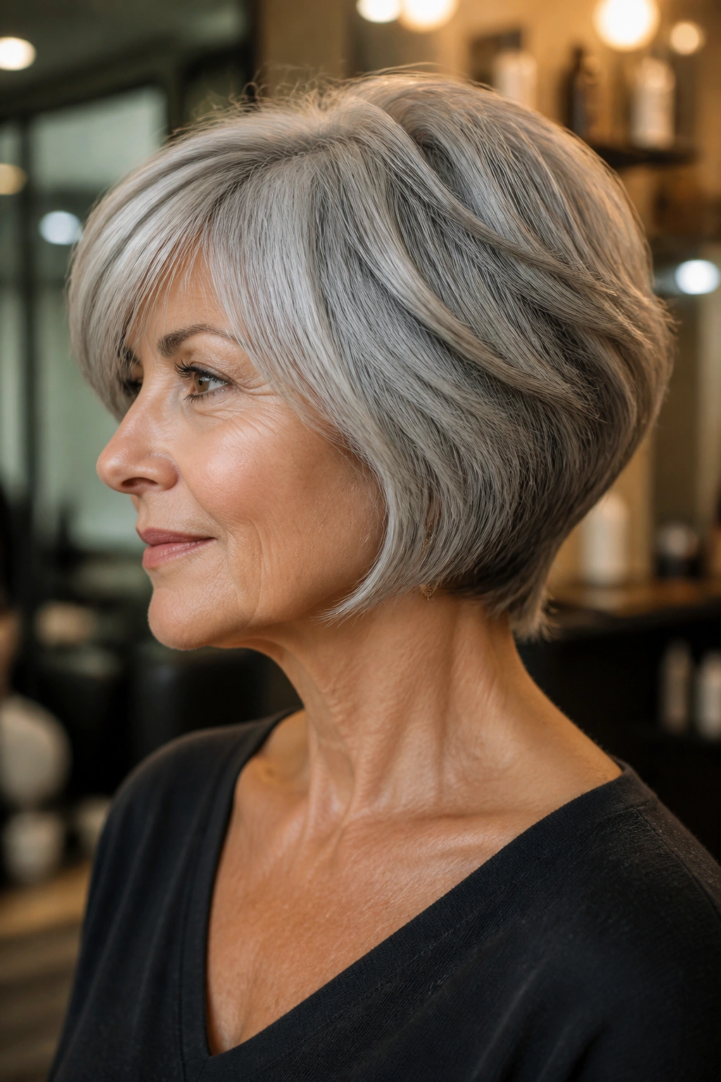 Close-up of a real woman with a classic wedge haircut
