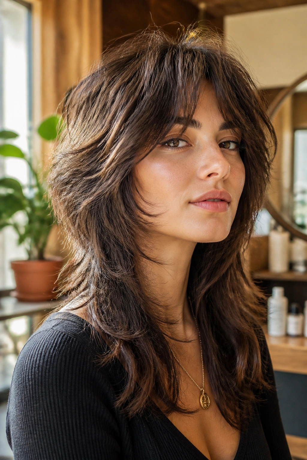 Close-up portrait of a real woman with a classic wolf cut showing crown layers and soft fringe