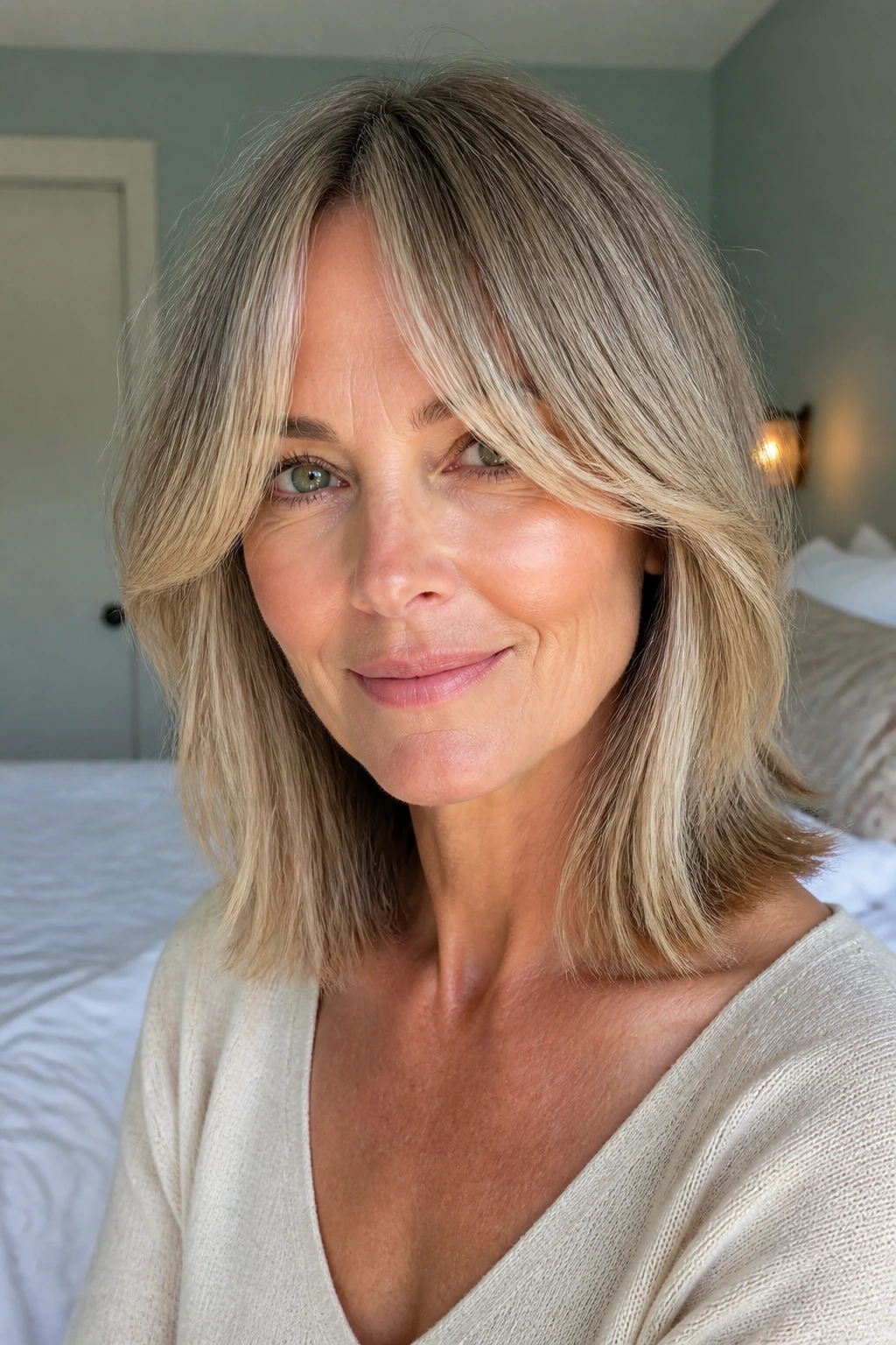 Close-up of real woman with clavicle-length hair and curtain bangs in soft light