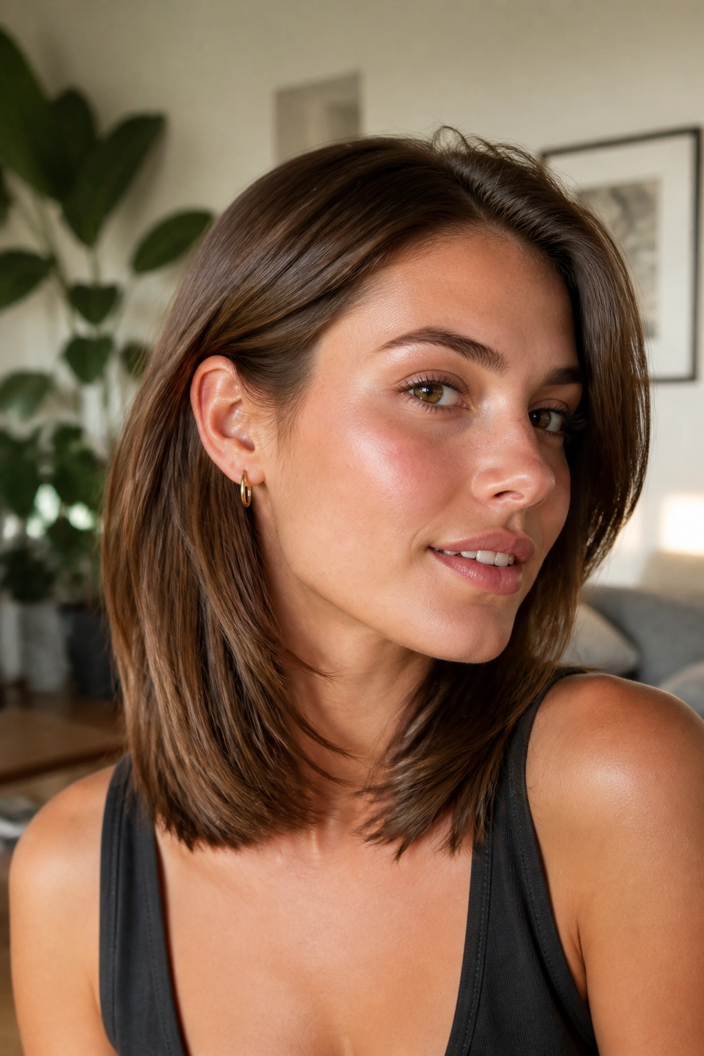 Close-up portrait of a real woman with clavicle-length hair and invisible layers in warm window light