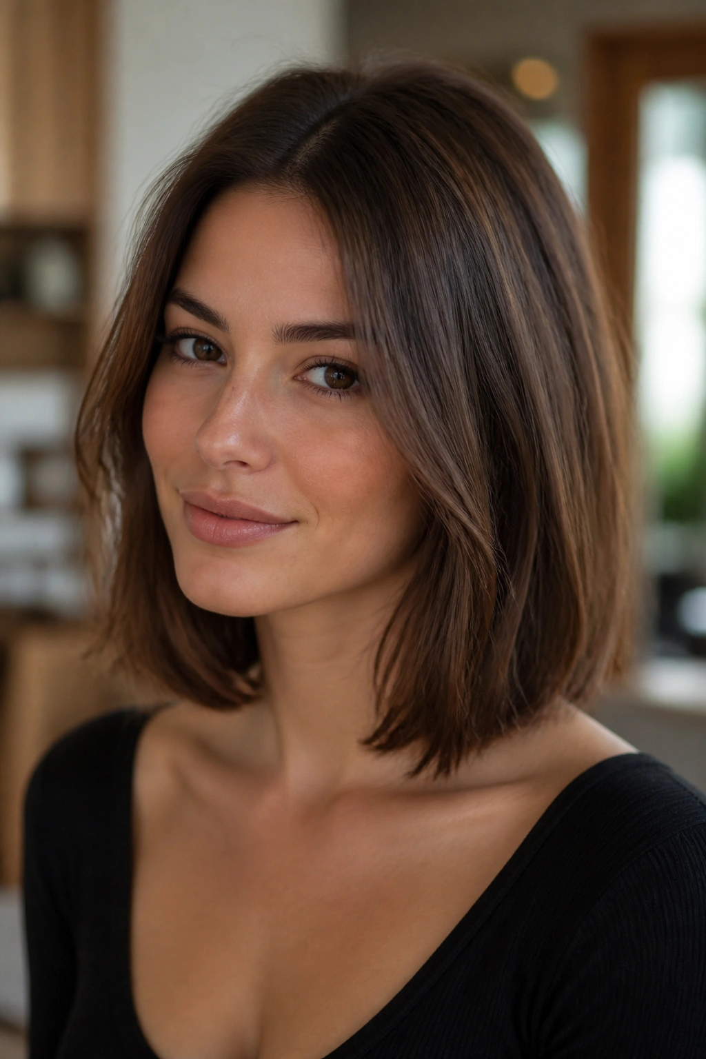 Portrait of a real woman showing clavicut length hair at the collarbone.