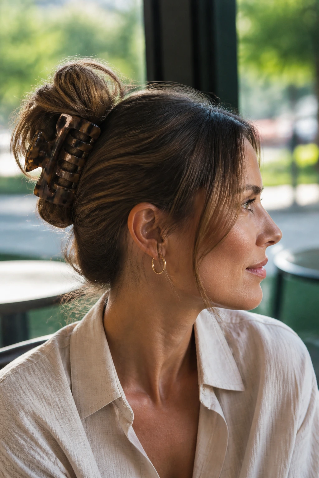 Portrait of a real woman showing a quick twisted bun secured by a claw clip at the base.