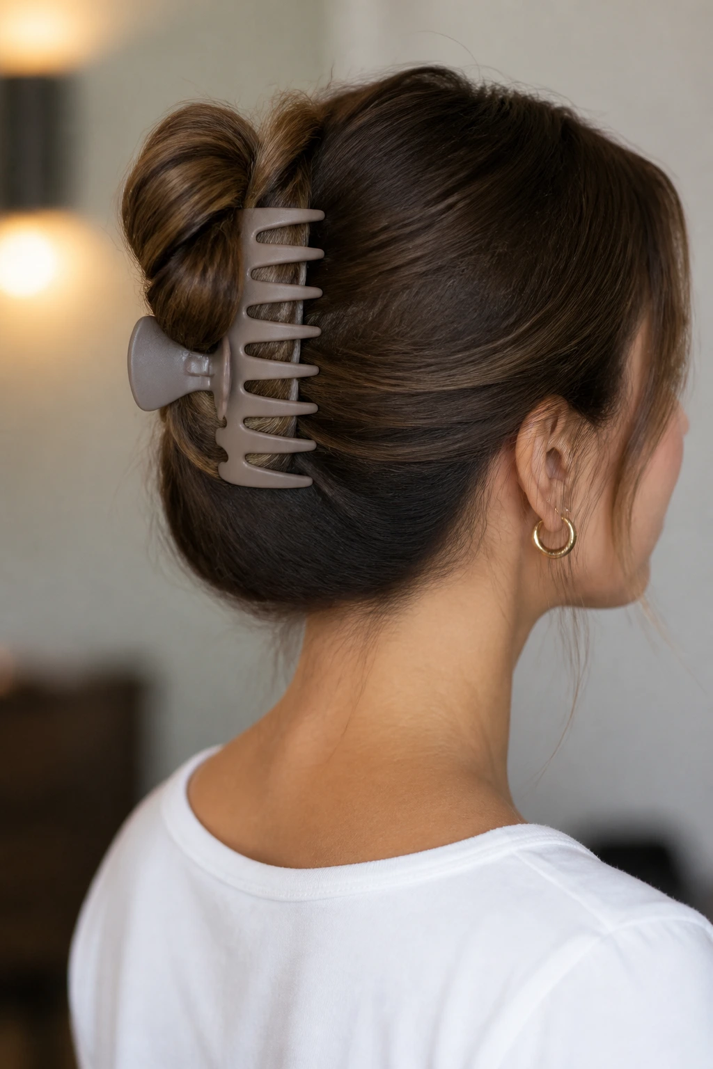 Close-up of a real woman wearing a claw clip bun secured against the head
