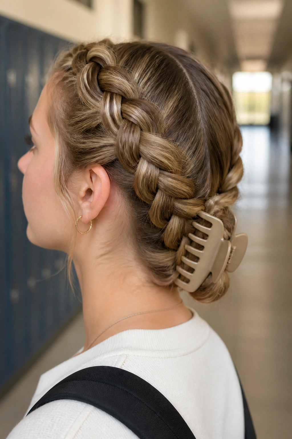 Close-up of a real person with Dutch braid finished with a claw clip