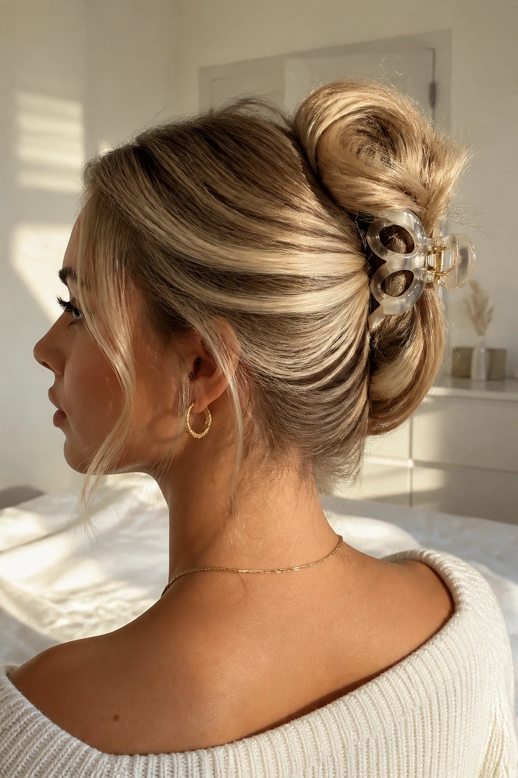 Close-up of a real woman with a claw-clip faux bun secured by a visible claw clip.