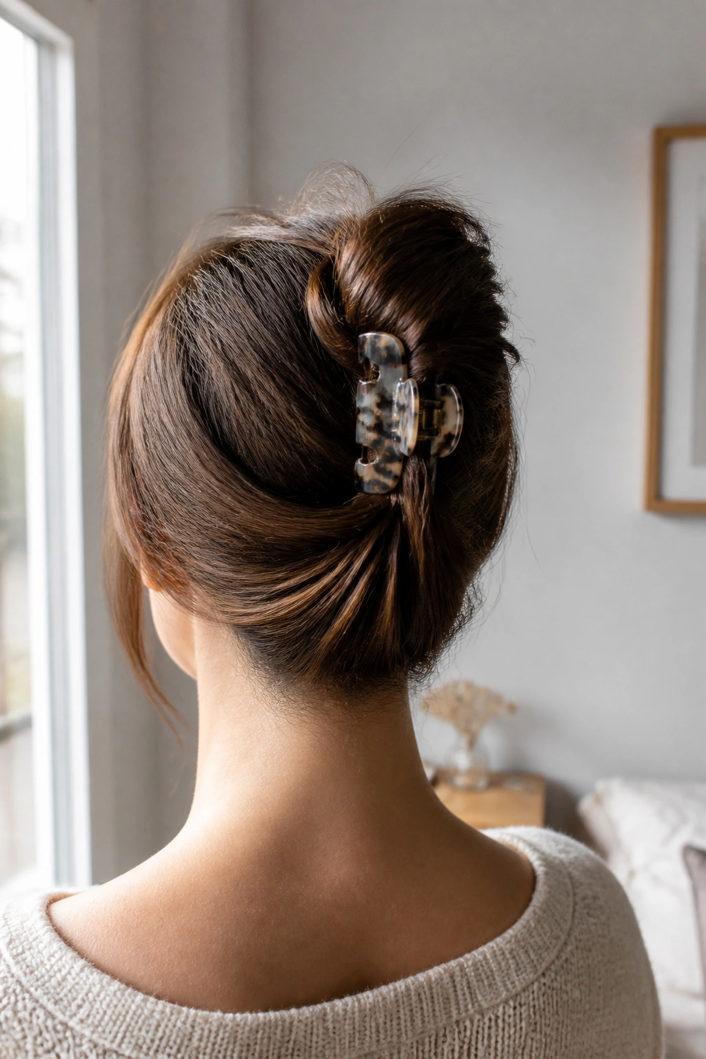 Back view of a woman with a claw clip French twist on bob-length hair
